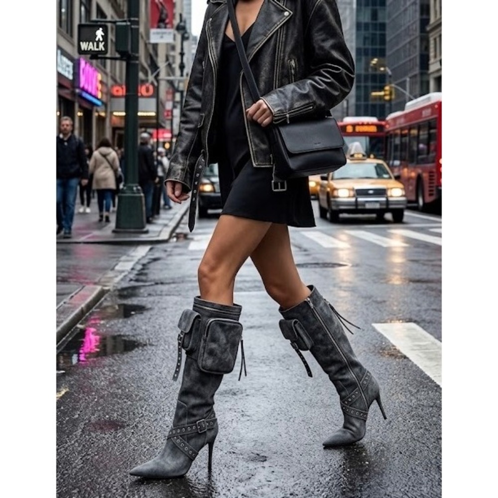 Retrofete Yasmine Boots Knee High Pointed Toe Stiletto Cargo Harness Size 41